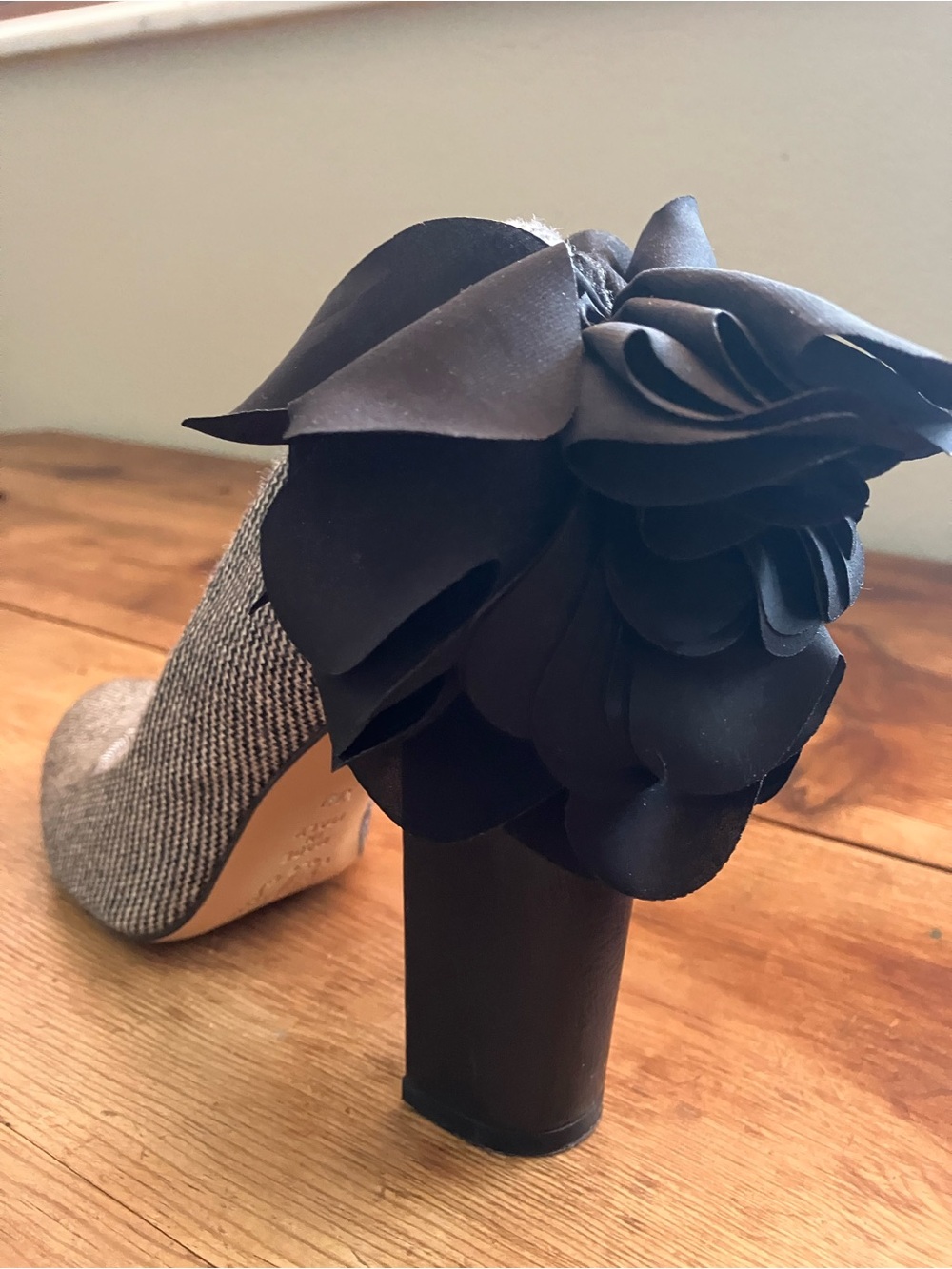 Black & White Tweed Block Heel Pumps with Floral Heel Accent - Picture 5 of 11